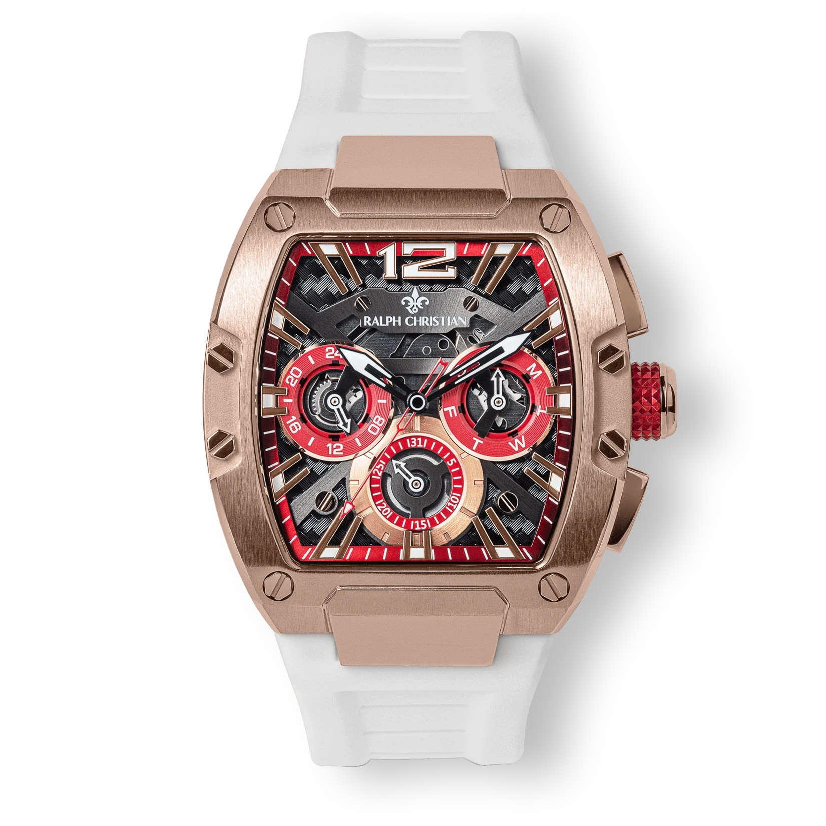 The Intrepid Sport - Ice White men's luxury watch featuring a rose gold-tone case, textured black and red dial with chronograph subdials, and a white rubber strap in a bold, statement design by Ralph Christian.