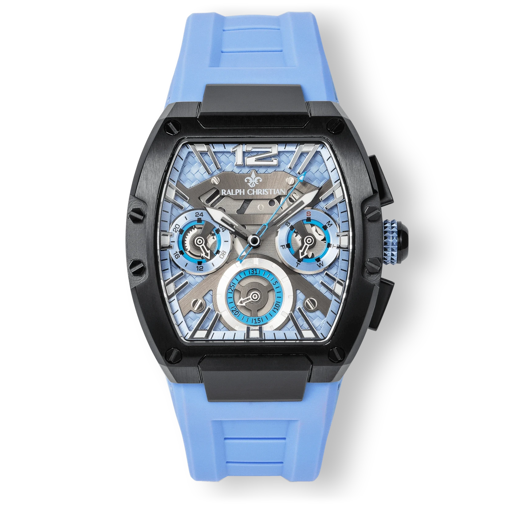 The Intrepid Sport Ladies - Blue Mirage features a bold blue and black design with a squared black case, light blue silicone strap, and a detailed dial showcasing day and date functions and multiple subdials.