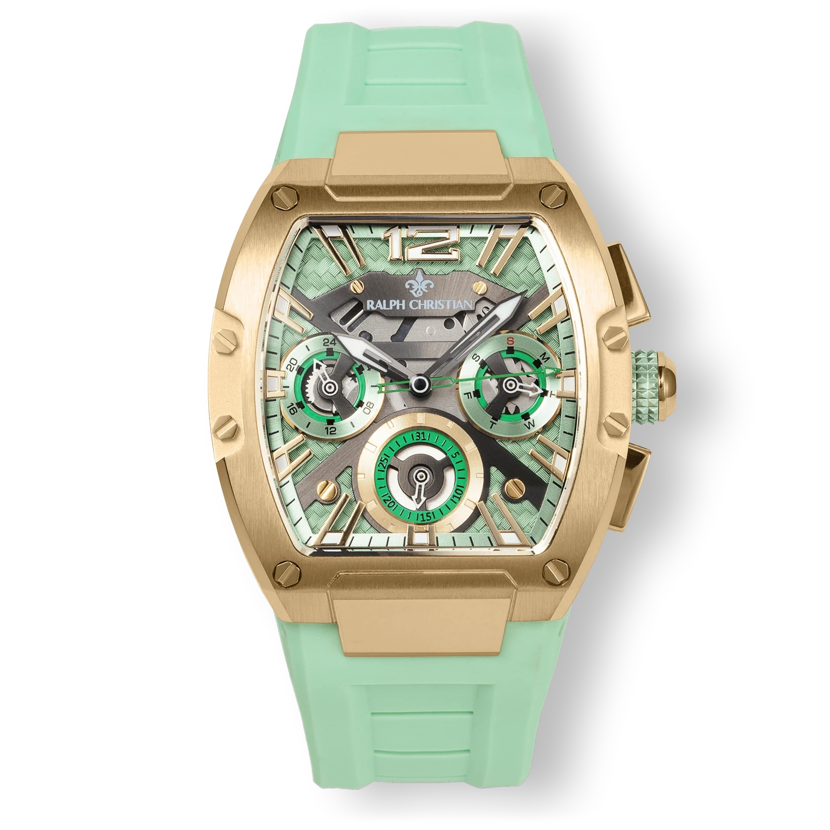 The Intrepid Sport Ladies - Emerald Mist by Ralph Christian, a bold women's luxury watch featuring a mint green strap, rose gold-tone case, sapphire-coated crystal, and functional subdials.