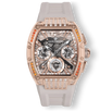 Ralph Christian rose gold tone statement watch with a white strap, crystal accented case and bezel, and detailed dial with three subdials