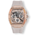 Ralph Christian rose gold tone statement watch with a white strap, crystal accented case and bezel, and detailed dial with three subdials