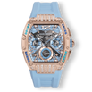 Ralph Christian rose gold-tone watch with blue strap and dial three chronograph subdials and colorful jeweled bezel accents