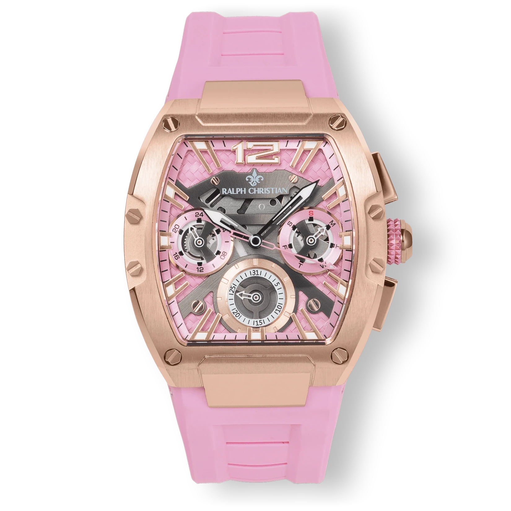 The Intrepid Sport Ladies - Rose Petal luxury statement watch features a rose gold-toned case, pink dial with day and date functions, and a soft pink silicone strap for bold, confident style.