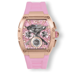 The Intrepid Sport Ladies - Rose Petal luxury statement watch features a rose gold-toned case, pink dial with day and date functions, and a soft pink silicone strap for bold, confident style.