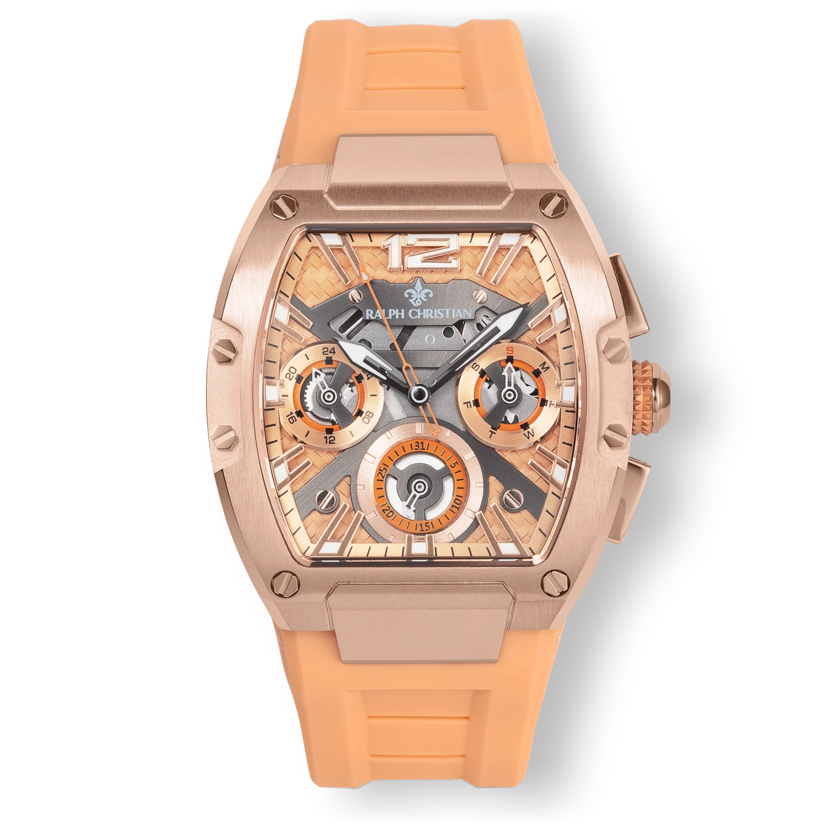 The Intrepid Sport Ladies - Sunkiss Bronze women's luxury watch featuring a rose gold-tone case, intricate dial with day and date functions, and a peach-colored silicone strap, bold by design.