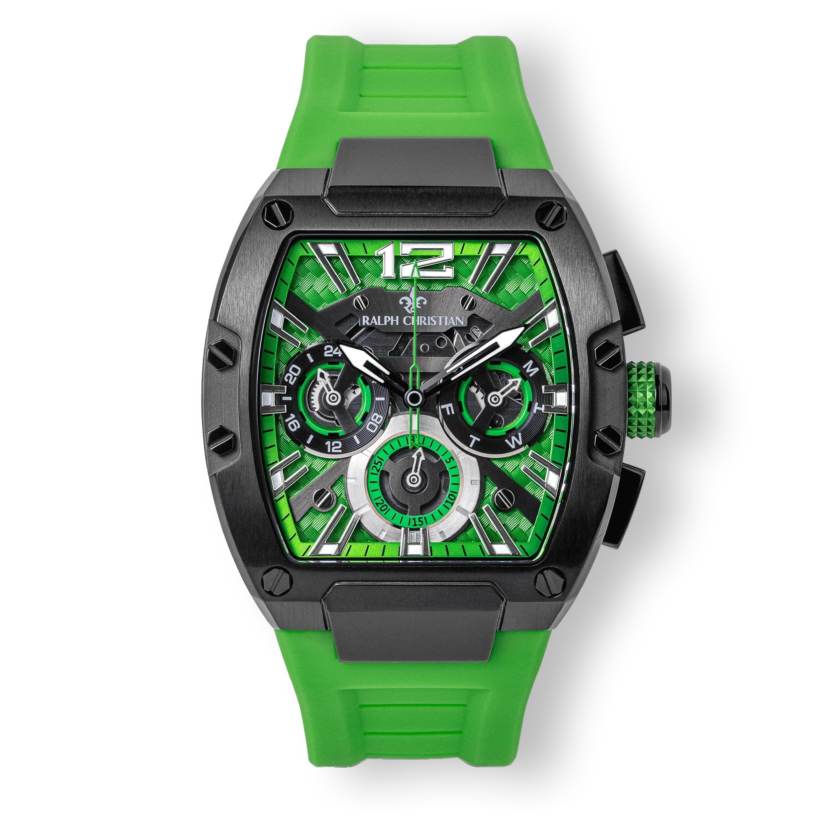 The Intrepid Sport - Lime Green men's luxury watch features a bold black case, lime green dial with 24-hour subdial, day and date functions, and a vibrant green rubber strap.