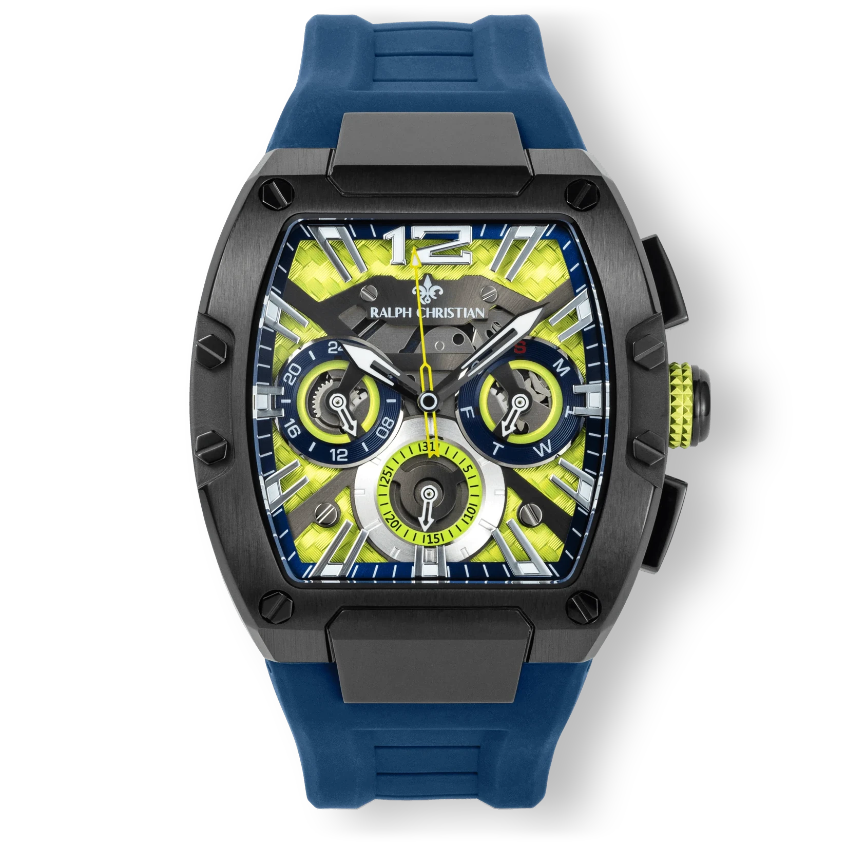 Men's luxury chronograph watch by Ralph Christian with a black square case, blue rubber strap, yellow and black dial, chronograph subdials, and luminous hands.