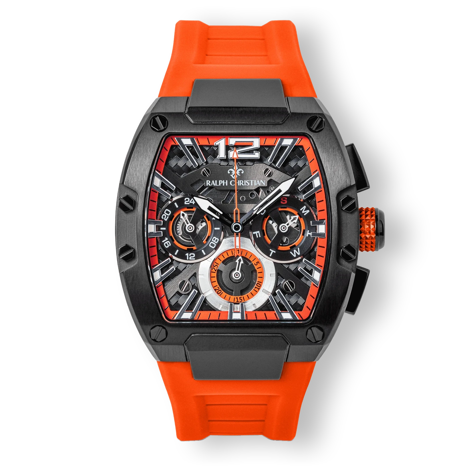 The Intrepid Sport - Neon Orange men's luxury watch featuring a bold black and orange dial with chronograph subdials, day and date functions, and a vibrant orange strap. Bold by Design.