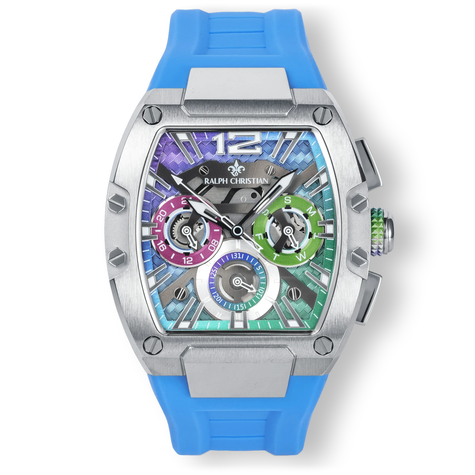 The Intrepid Sport - Northern Lights features a bold blue strap, stainless steel case, and a colorful dial with chronograph subdials in purple, green, and blue, designed to be noticed.
