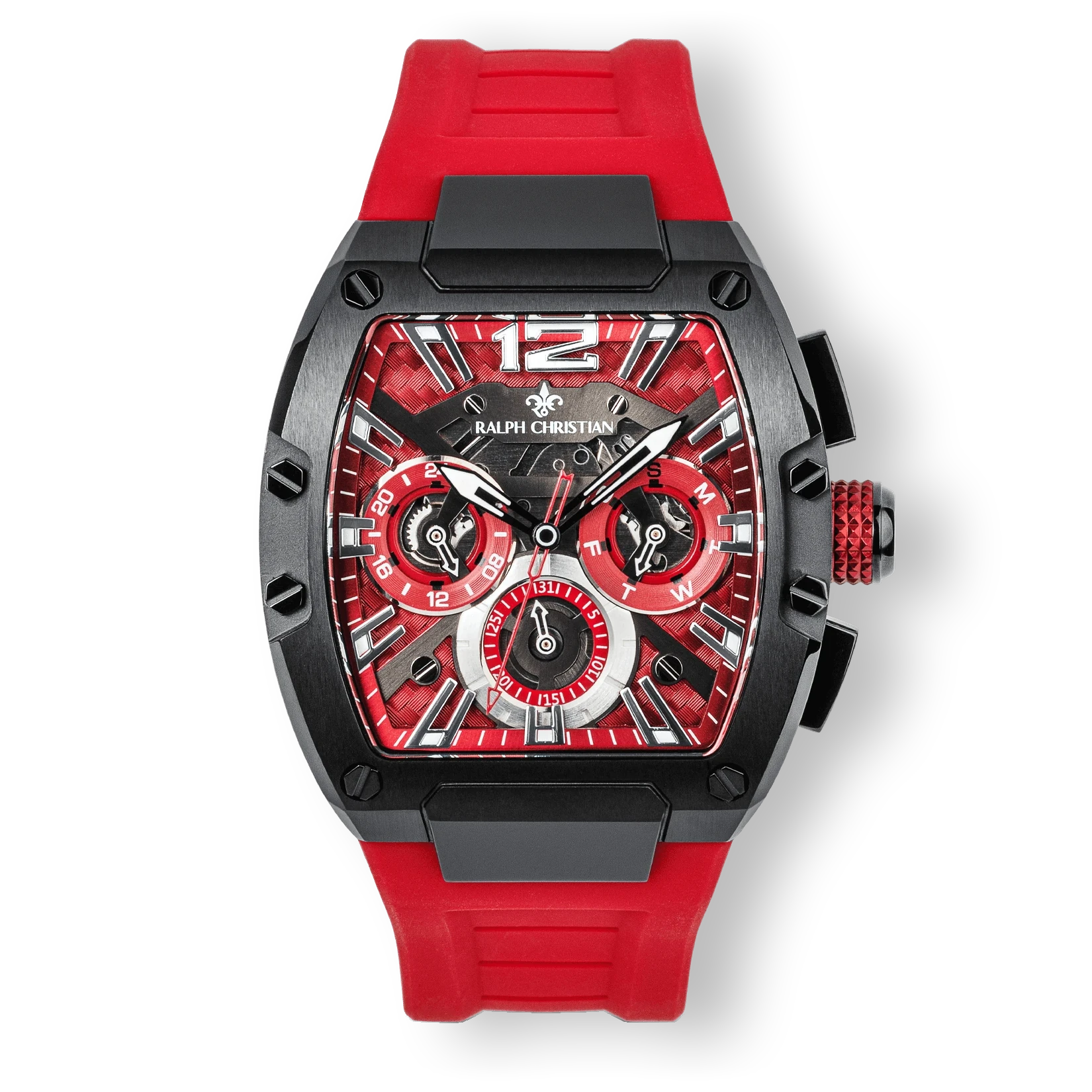 The Intrepid Sport - Racing Red men's luxury watch by Ralph Christian featuring a bold red dial with 24-hour subdial, day and date functions, black angular case, and matching red strap. Bold by Design.