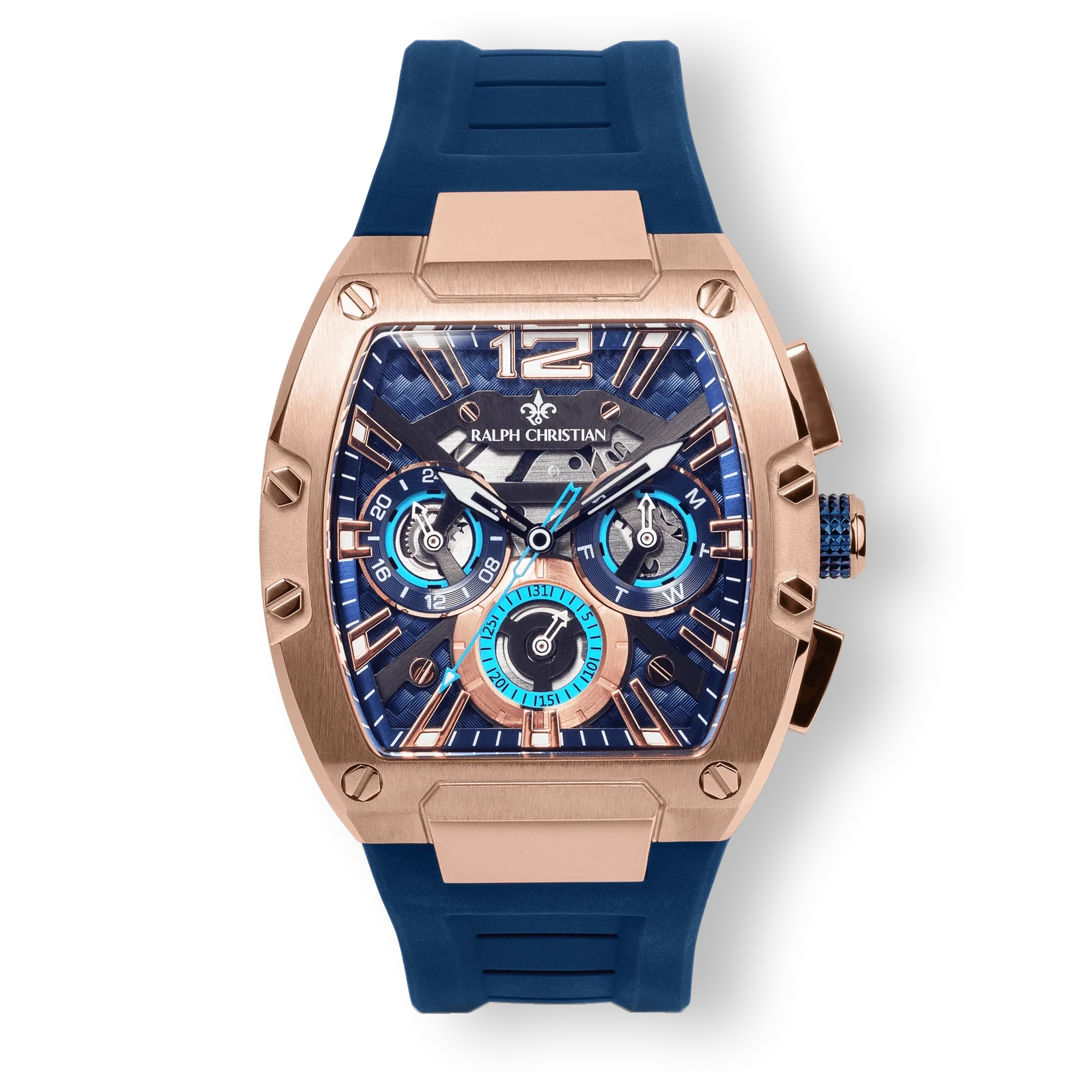 The Intrepid Sport - Rose Gold men’s luxury watch with a bold rose gold-tone case, blue textured dial featuring 24-hour, day, and date subdials, and a blue rubber strap.