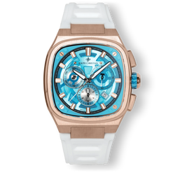 The Legacy Chrono - Arctic Azure men's luxury watch featuring a bold square rose gold case, vibrant arctic blue chronograph dial with date function, and white rubber strap, crafted by Ralph Christian.