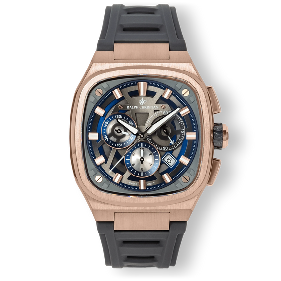 The Legacy Chrono - Graphite Eclipse men's luxury watch featuring a rose gold-tone case, blue and black dial with chronograph subdials, date function, and a black rubber strap, bold by design.