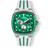 The Legacy Chrono Ice - Emerald Glacier men's luxury watch featuring a green dial with chronograph subdials, date function, green ice-set bezel, and white strap with green accents, bold by design.