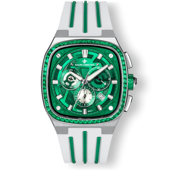 The Legacy Chrono Ice - Emerald Glacier men's luxury watch featuring a green dial with chronograph subdials, date function, green ice-set bezel, and white strap with green accents, bold by design.