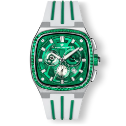 The Legacy Chrono Ice - Emerald Glacier men's luxury watch featuring a green dial with chronograph subdials, date function, green ice-set bezel, and white strap with green accents, bold by design.