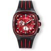 The Legacy Chrono Ice - Midnight Ruby is a men's luxury watch featuring a bold red dial with chronograph subdials, an ice-set bezel, black case, and black rubber strap accented with red stripes.