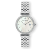 The Luxe - Ladies - Silver wristwatch featuring a silver metal link bracelet, round mother-of-pearl dial with minimalist hour markers, a date function, and a bezel adorned with cubic zirconia stones, a statement luxury watch designed to be noticed.