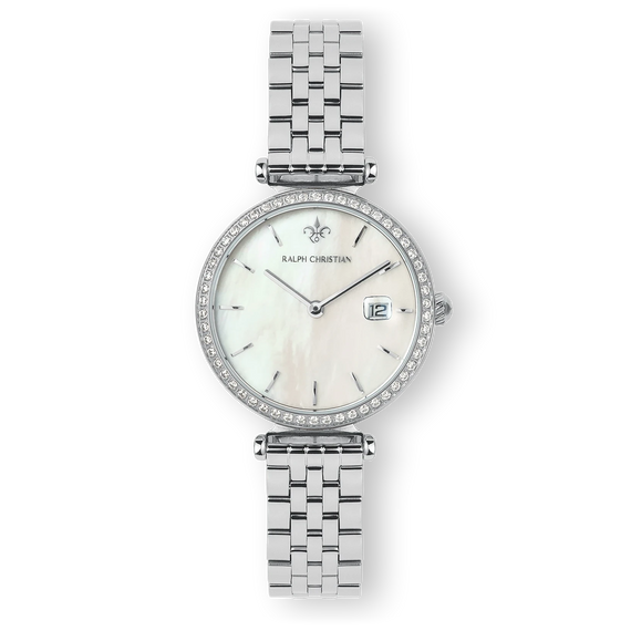 The Luxe - Ladies - Silver wristwatch featuring a silver metal link bracelet, round mother-of-pearl dial with minimalist hour markers, a date function, and a bezel adorned with cubic zirconia stones, a statement luxury watch designed to be noticed.