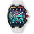 The Polaris Chrono Ice - Arctic Prism men's luxury watch features a bold black case with a multi-colored iced bezel, vibrant chronograph subdials, sapphire-coated crystal, and a white rubber strap, designed to make a statement.