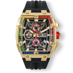 The Polaris Chrono Ice - Midnight Radiance men's luxury watch featuring a bold gold case with a multicolor ice-set bezel, black dial with chronograph subdials, date function, and black rubber strap. Bold by Design.