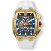The Polaris Chrono - Ice White men's luxury watch features a bold gold-tone case with a blue dial, red accents on chronograph subdials, a date function, and a white strap, designed by Ralph Christian.