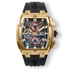 The Polaris Chrono - Obsidian Black men's luxury watch features a bold gold-tone case with chronograph subdials, a date function, and a black rubber strap, designed to be noticed.