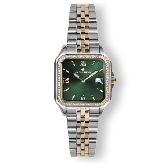 The Regatta - Emerald Rose women’s luxury watch with a square green dial, rose gold and silver two-tone metal bracelet, date function, and cubic zirconia ice-set bezel, bold by design.