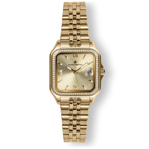The Regatta - Gold women's luxury watch features a gold-tone square case with cubic zirconia-set bezel, gold dial with Roman numerals, date function, and a polished gold bracelet strap.