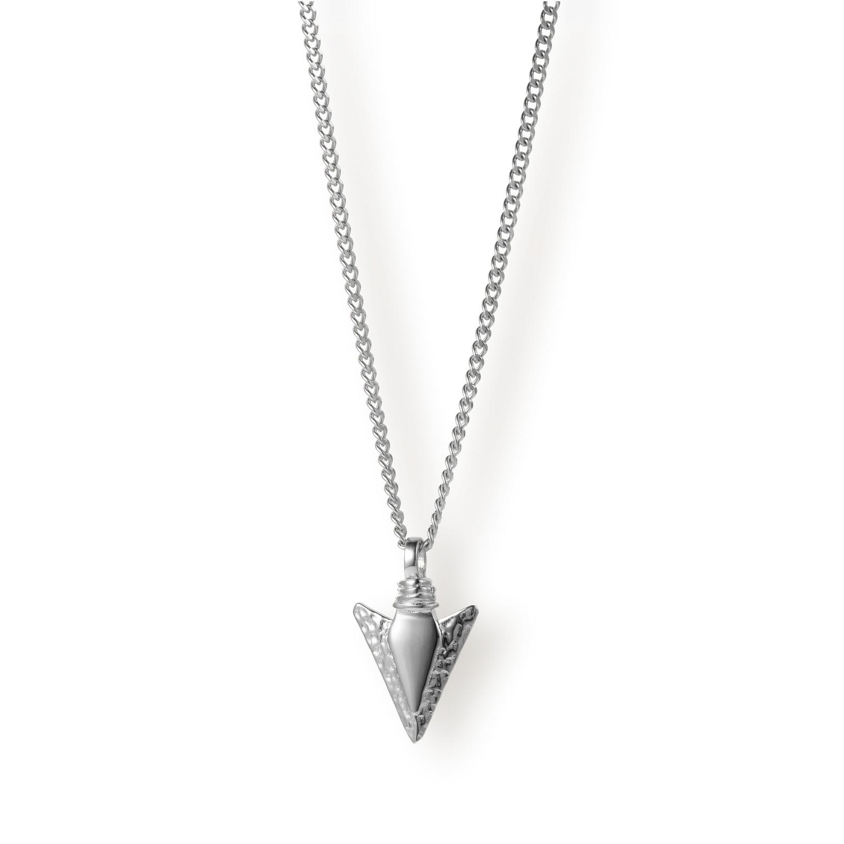 The Silver Arrow Pendant - Essentials Collection, a men's luxury silver necklace featuring a bold arrow-shaped pendant on a finely crafted silver chain, embodying statement jewelry style.