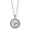 The Compass Essentials Bundle - Silver features a bold men's pendant necklace with a detailed compass design in silver and a black stone-studded border, suspended from a matching silver chain.