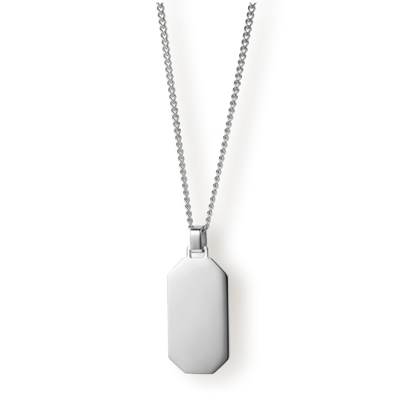 The Silver Totem Pendant - Essentials Collection features a sleek, polished silver rectangular pendant with beveled edges, suspended from a matching fine silver chain, designed for men.