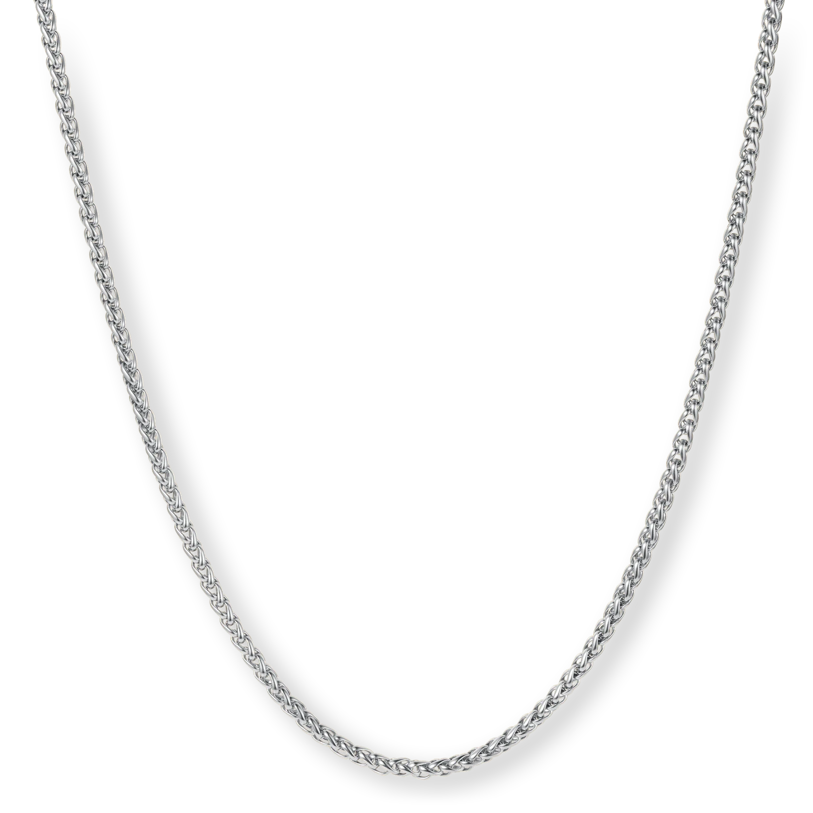 The Silver Wheat Necklace - Essentials Collection features a sleek men's silver chain with a tightly woven wheat pattern, showcasing bold by design men's jewelry from Ralph Christian.