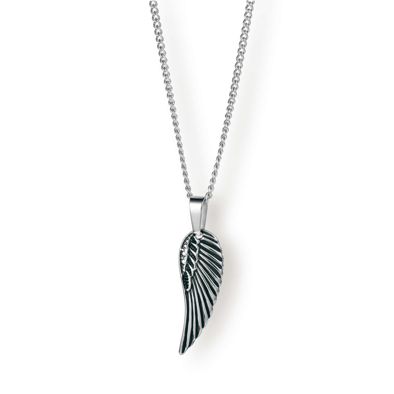 The Silver Wing Pendant - Essentials Collection, a men's silver wing-shaped pendant on a silver chain, detailed with feather engravings for a bold statement jewelry piece.