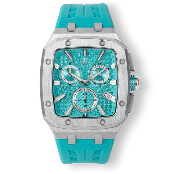 The Spectre Chrono - Aqua Forge men's luxury watch featuring a bold turquoise dial with chronograph subdials, date function, stainless steel case, and turquoise rubber strap.