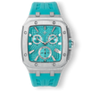 The Spectre Chrono - Aqua Forge men's luxury watch featuring a bold turquoise dial with chronograph subdials, date function, stainless steel case, and turquoise rubber strap.