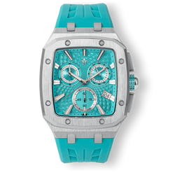 The Spectre Chrono - Aqua Forge men's luxury watch featuring a bold turquoise dial with chronograph subdials, date function, stainless steel case, and turquoise rubber strap.