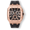 The Spectre Chrono - Midnight Flame men's luxury watch features a rose gold rectangular case with exposed screws, a textured black dial with chronograph subdials and date function, and a black rubber strap, bold by design.