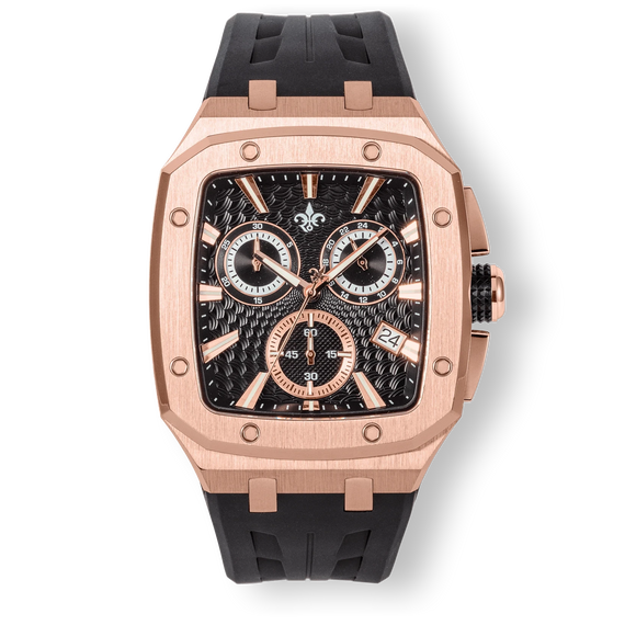The Spectre Chrono - Midnight Flame men's luxury watch features a rose gold rectangular case with exposed screws, a textured black dial with chronograph subdials and date function, and a black rubber strap, bold by design.