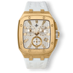 The Spectre Chrono - Polar Dawn men's luxury watch featuring a gold-tone square case, white textured dial with chronograph subdials, date function, and a white rubber strap, bold by design.