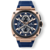 The Titan Chrono - Admiral Blue men's luxury watch with a bold blue dial featuring chronograph subdials, rose gold-tone case, date function, and a matching blue strap, bold by design.