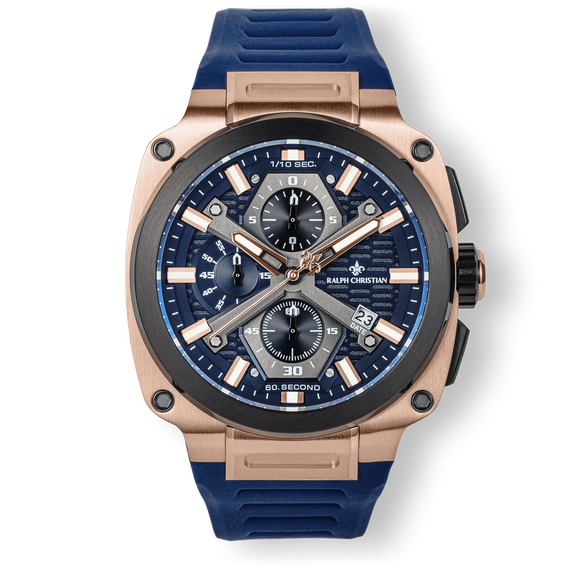 The Titan Chrono - Admiral Blue men's luxury watch with a bold blue dial featuring chronograph subdials, rose gold-tone case, date function, and a matching blue strap, bold by design.