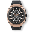 The Titan Chrono - Dark Matter men's luxury watch features a rose gold case, black chronograph dial with date function, luminous markers, and a black textured rubber strap.