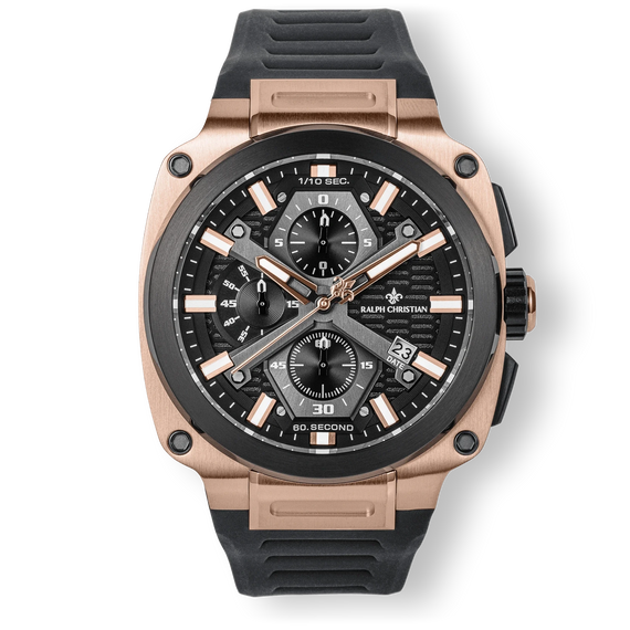 The Titan Chrono - Dark Matter men's luxury watch features a rose gold case, black chronograph dial with date function, luminous markers, and a black textured rubber strap.