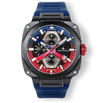 The Titan Chrono - Hyperburst men's luxury watch featuring a bold black case, red and blue dial accents, chronograph subdials, date function, and a blue textured silicone strap.