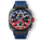 The Titan Chrono - Hyperburst men's luxury watch featuring a bold black case, red and blue dial accents, chronograph subdials, date function, and a blue textured silicone strap.