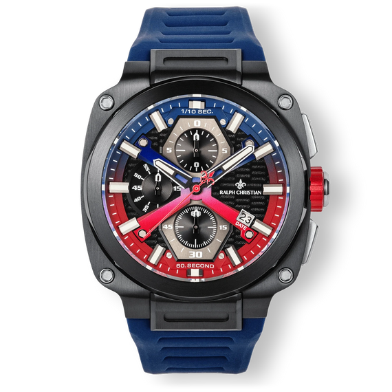 The Titan Chrono - Hyperburst men's luxury watch featuring a bold black case, red and blue dial accents, chronograph subdials, date function, and a blue textured silicone strap.