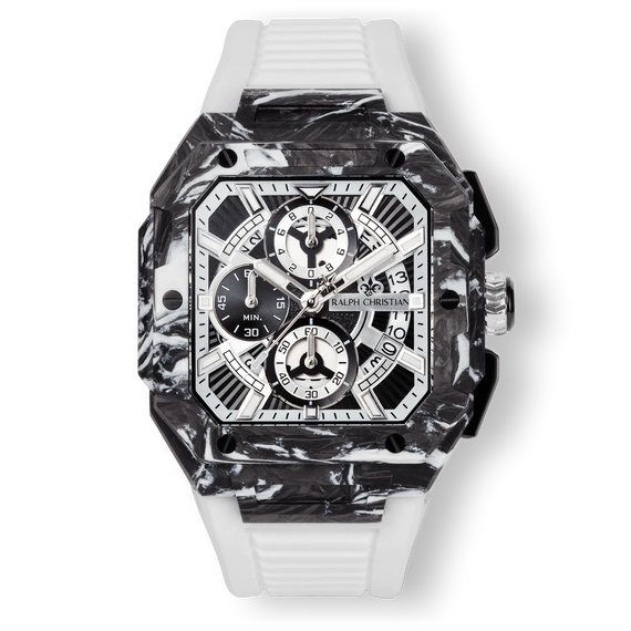 The Vanguard Carbon Chrono - Arctic Tundra men's luxury watch featuring a bold carbon fiber case with black and white marbled pattern, white dial with chronograph subdials, date window, and white rubber strap, sapphire-coated crystal, and statement design by Ralph Christian. Bold by Design.