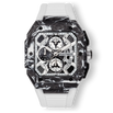 The Vanguard Carbon Chrono - Arctic Tundra men's luxury watch featuring a bold carbon fiber case with black and white marbled pattern, white dial with chronograph subdials, date window, and white rubber strap, sapphire-coated crystal, and statement design by Ralph Christian. Bold by Design.