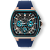 The Vector Sport - Atlantic Pulse men's luxury watch features a rose gold case with black and blue dial accents, three subdials, and a blue silicone strap.